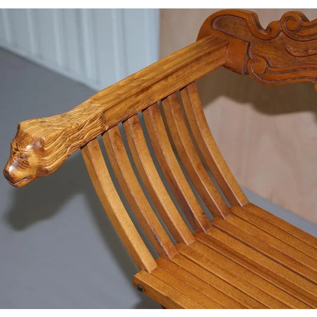 Decorative Folding Savonarola Armchair with Lion Head & Carved Arms For Sale - Image 4 of 18