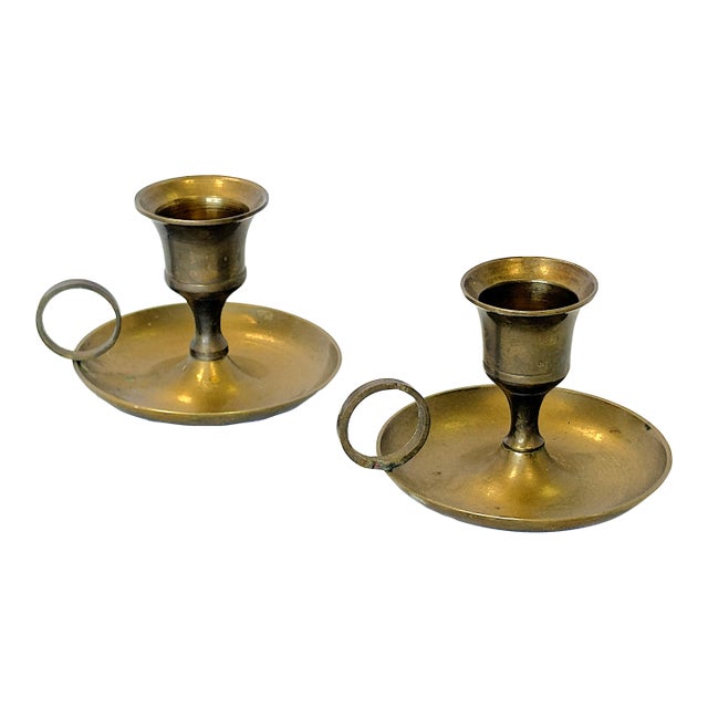 Vintage Solid Brass Chamberstick Candle Holder Made in India- A Pair For Sale