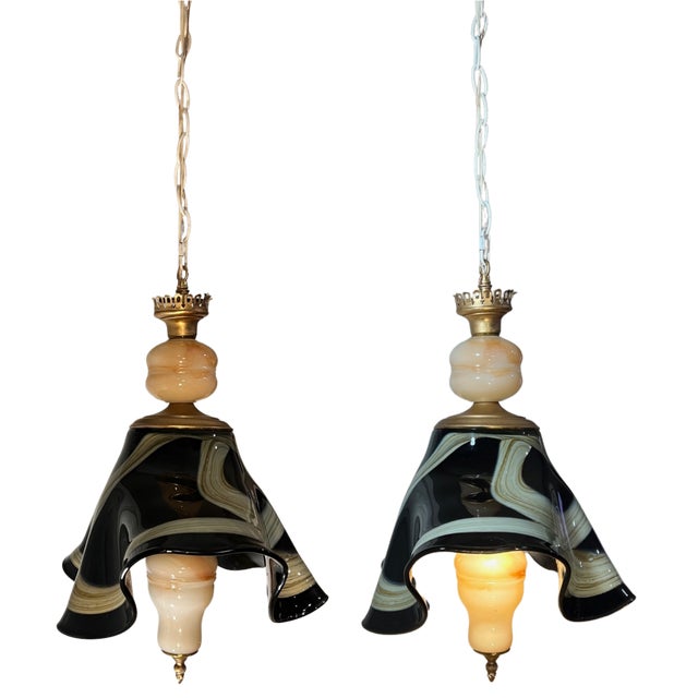 Murano Vintage Art Glass Black Tan Ribbon Swirl Fazzoletto and Agate Glass Pendant Light For Sale - Image 4 of 18