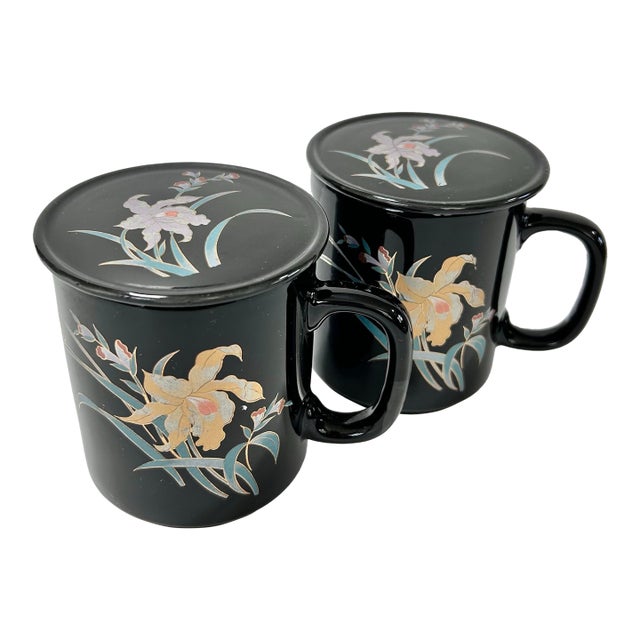 1980s Iris Flower Black Coffee/Tea Mugs & Lids - Set of 2 For Sale