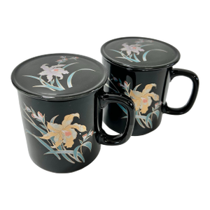 1980s Iris Flower Black Coffee/Tea Mugs & Lids - Set of 2