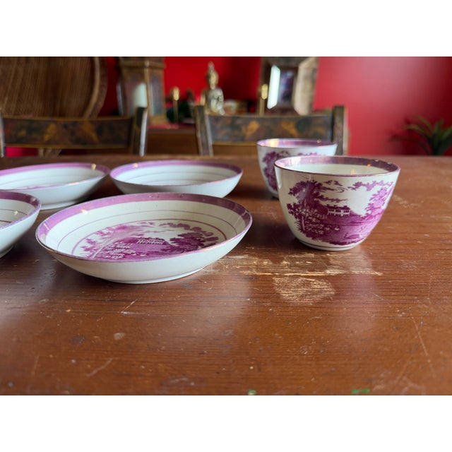 1805 Rare Antique Set of Four Pink Lustre and Bat Printed Pearlware Handled Cups and Saucers, Attributed to Thomas Wolfe - Set of 8 For Sale - Image 4 of 17