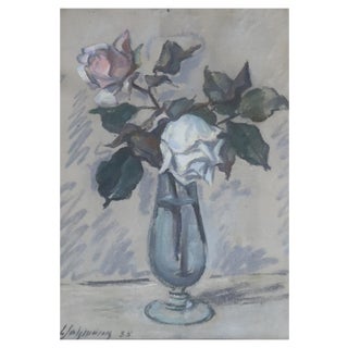 Louis Henri Salzmann, Deux roses en vase, 1938, Pastel on Paper, Framed For Sale