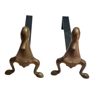 1970s French Mid-Century Modern Stylized Brass Duck Andirons - A Pair For Sale