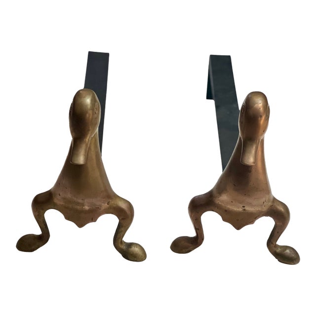 1970s French Mid-Century Modern Stylized Brass Duck Andirons - A Pair For Sale