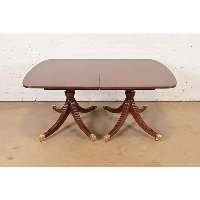 Wood Smith & Watson Georgian Banded Cherry and Burl Wood Double Pedestal Extension Dining Table, Newly Refinished For Sale - Image 7 of 13