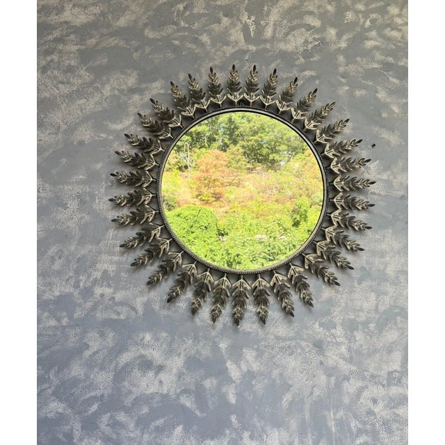 Spanish Round Silvered Metal Sunburst Mirror For Sale - Image 9 of 10