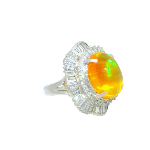 7.41 Carat Mexican Fire Opal Diamond Platinum Double Halo Ring, Size 6 For Sale - Image 4 of 6