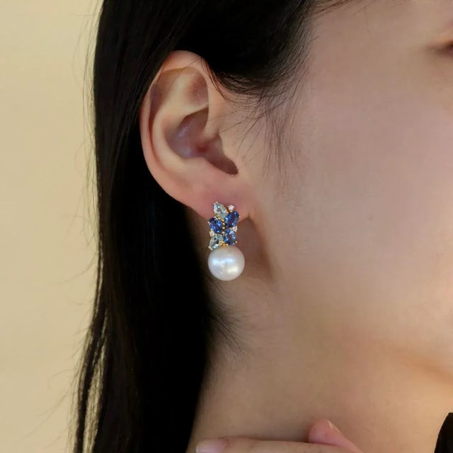 Contemporary Nina Zhou Sapphire, Aquamarine and Diamond Cluster Pearl Convertible Drop Earrings in 14k Yellow Gold, a Pair For Sale - Image 3 of 10