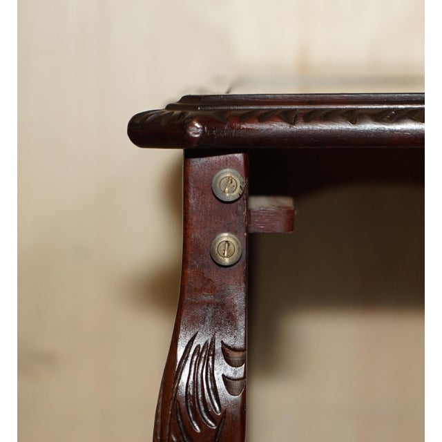Vintage Gold Leaf Embossed Nesting Tables with Brown Leather Tops, Set of 3 For Sale - Image 6 of 18