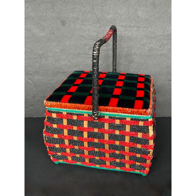 1950s Red Plaid Woven Rattan Sewing Basket For Sale - Image 5 of 16
