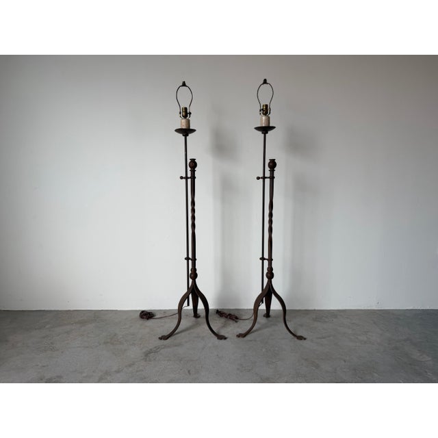 Vintage Hand-Forged Iron French Gothic & Spanish Revival Adjustable Tripod Floor Lamps – A Pair For Sale - Image 4 of 13