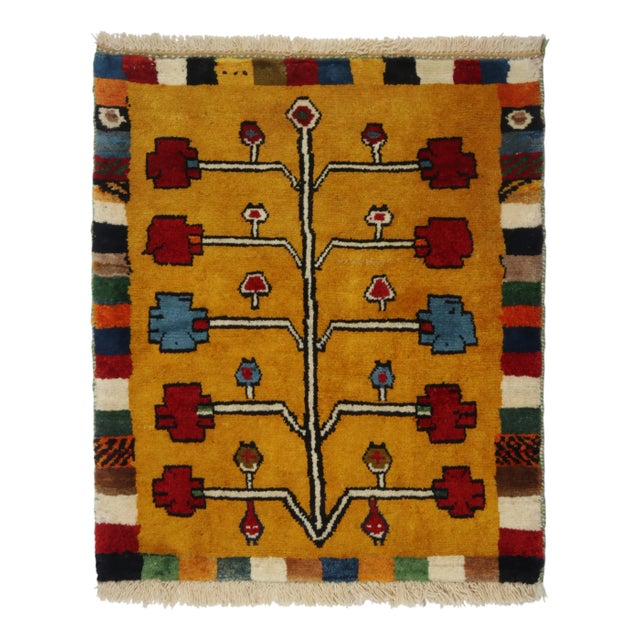 Textile 1950s Vintage Gabbeh Tribal Rug in Gold-Orange With Colorful Geometric Pattern For Sale - Image 7 of 7