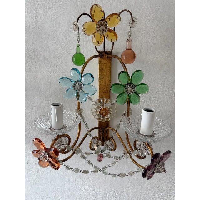 Maison Baguès Style Multicolor Prisms Murano Drops Crystal Flowers Sconces C1930 For Sale - Image 14 of 14