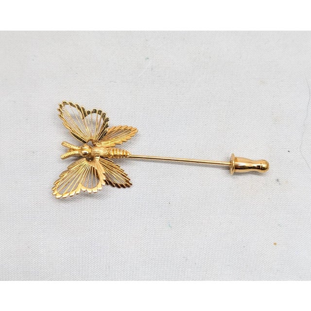 Mid-Century Modern Vintage Signed Monet Goldtone Butterfly Jabot Brooch For Sale - Image 3 of 6