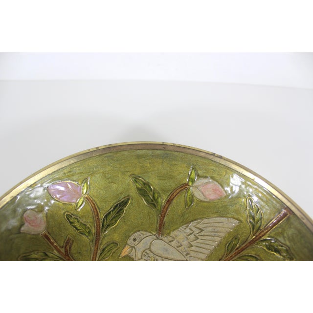 1970s Vintage Enamelled Brass Pedestal Bowl Hand Painted Enamel Birds and Flowers For Sale - Image 5 of 13