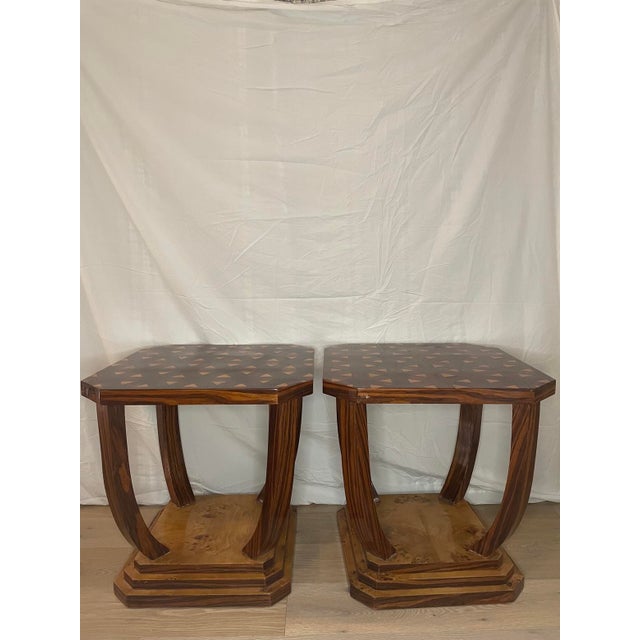 Art Deco Pair of Italian Art Deco Style Octagonal Geometric Parquetry & Macassar Side Tables For Sale - Image 3 of 4