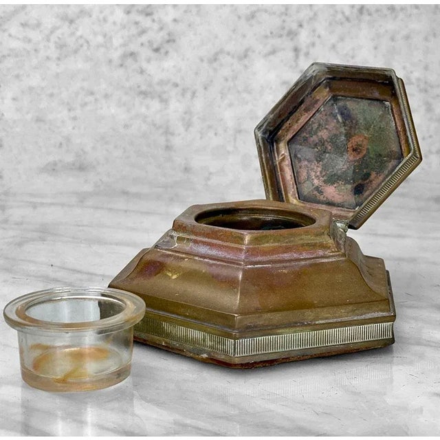 Traditional Antique Traditional Brass Hexagonal Fountain Pen Desk Inkwell For Sale - Image 3 of 8