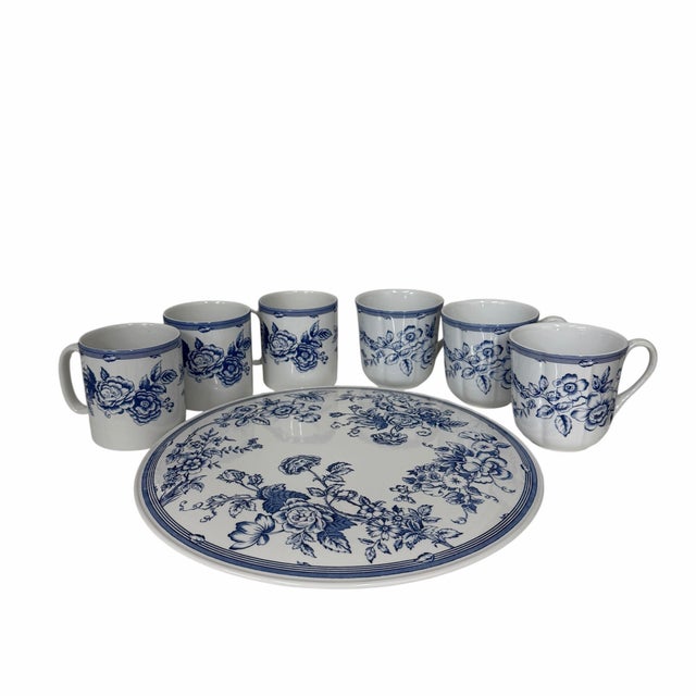 Vintage Spode blue and white “Clifton” cake plate and six coffee mugs. Mugs are the same pattern as the cake plate but in...