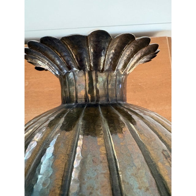 Mid 20th Century Egidio Casagrande Hammered Brass Ribbed “Pumpkin Form” Vase, Signed Italy Mid Century Modern For Sale - Image 5 of 11