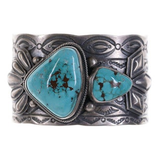 Large Daniel Clark Navajo Sterling Natural Turquoise Heavy Stamped Cuff Bracelet For Sale