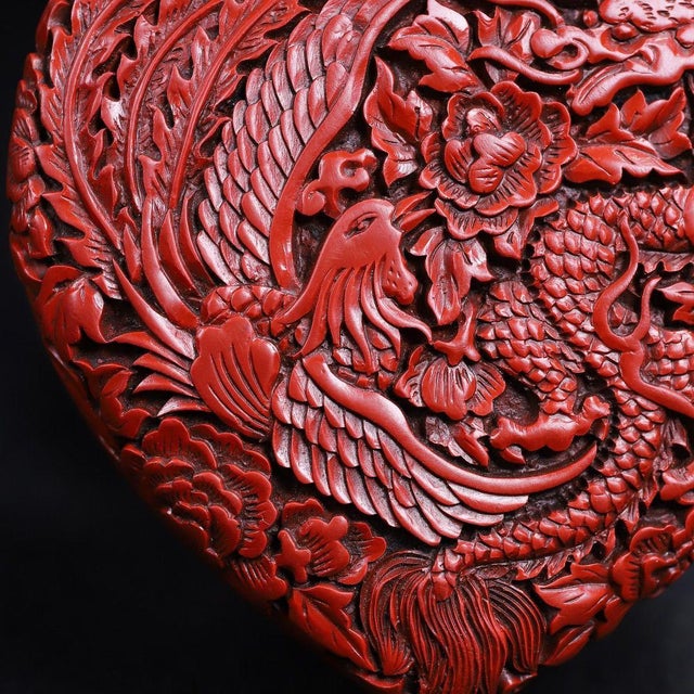 Vintage Chinese Carved Cinnabar Lacquer Heart-Shaped Box, Dragon & Phoenix Among Peonies For Sale In Los Angeles - Image 6 of 10