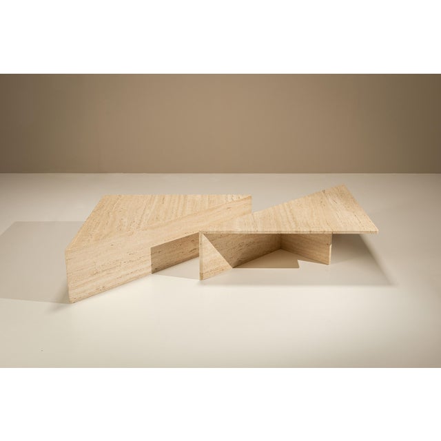 Mid-Century Modern Large Triangular Travertine Coffee Table, 1970s, Set of 2 For Sale - Image 3 of 14