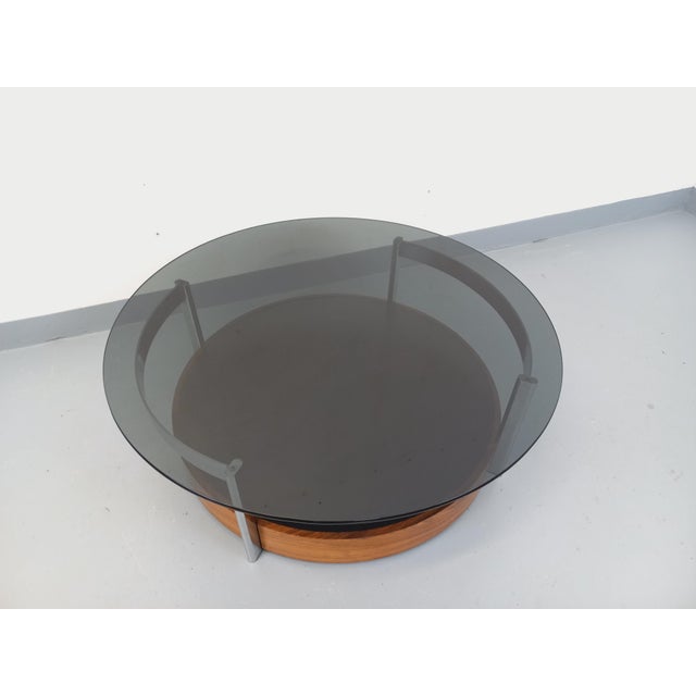 Metal Vintage Italian Round Coffee Table in Teak, Chrome Metal and Smoked Glass, 1960s For Sale - Image 7 of 18