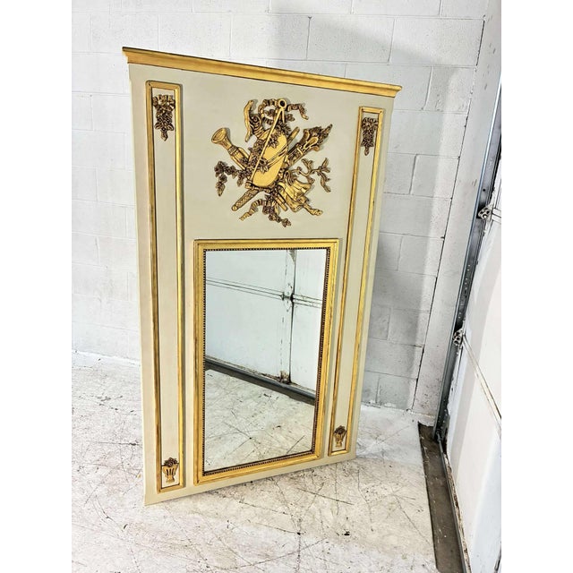 Monumental Newel French Louis XVI Style Painted & Gilt Trumeau Mirror With Musical Trophy Crest For Sale In Chicago - Image 6 of 7