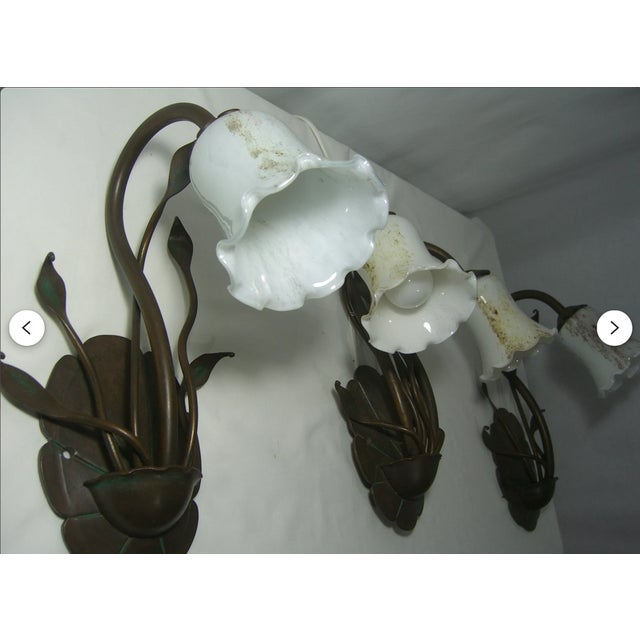 Metal Art Nouveau Floral Brass Sconces with Opaline Glass Shades, 1970s, Set of 3 For Sale - Image 7 of 12