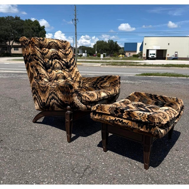 Mid Century Modern Arden Tufted Velvet Lounge Chair and Ottoman set by Castro Convertible. Upholstered in groovy multi-...