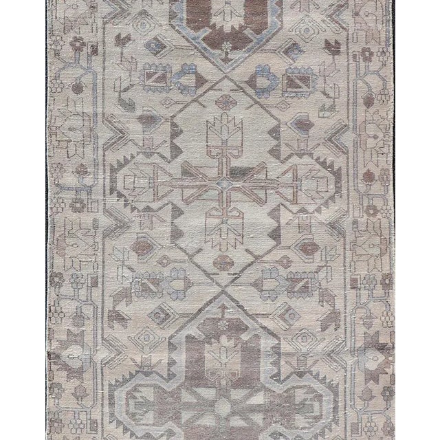 Vintage Persian Hamadan Runner with Medallions in Cream, Light Grey and Lt Blue. Keivan Woven Arts rug MSE-1951, country...