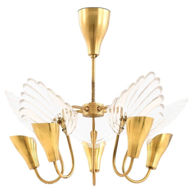 Ceiling Lamp with Five Gracefully Curved Brass Arms attributed to Carl Fagerlund, 1950s For Sale - Image 12 of 12