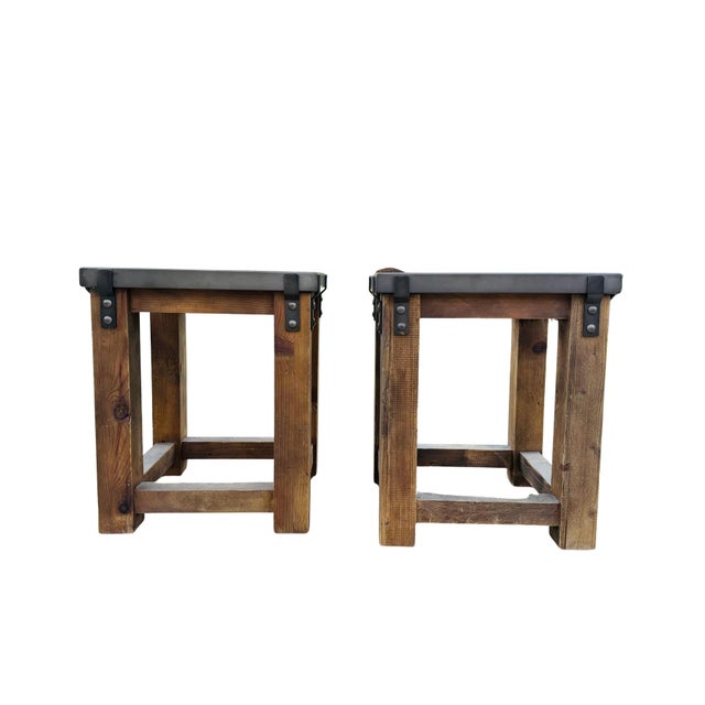Wood Restoration Hardware Rh Reclaimed Wood & Aged Zinc Strap Side Tables – Rustic Industrial Farmhouse Accent Tables For Sale - Image 7 of 16