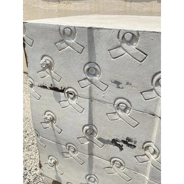 Breast Cancer Awareness Ribbon 3 Drawer White Carved Wood Chest Nightstand. Item features solid wood construction, 3...