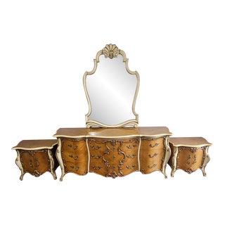 Romweber Mid 20th Century French Louis Provincial Revival Style Low Dresser With Mirror and Nightstands - Set of 4 For Sale