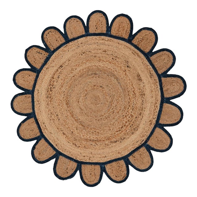 Navy Blue Round Jute Scallop Rug - 5' X 5' For Sale