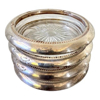 Antique Silver Plate and Glass Coasters Set of 4 For Sale