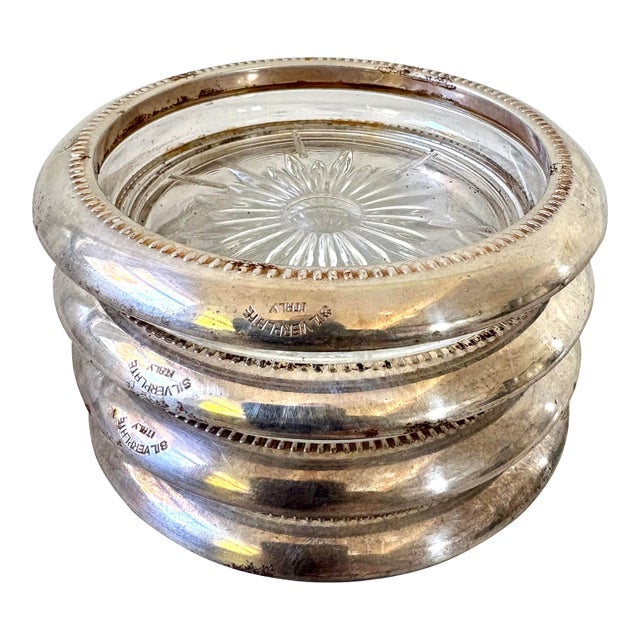 Antique Silver Plate and Glass Coasters Set of 4 For Sale