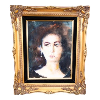 Mid Century Modern Painting Portrait Original Art Artist Woman Watercolor Signed For Sale