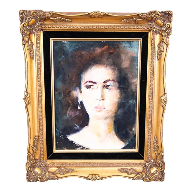 Mid Century Modern Painting Portrait Original Art Artist Woman Watercolor Signed For Sale
