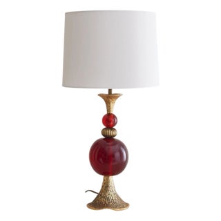 1970s Italian Oxblood Glass + Gilt Metal Table Lamp For Sale
