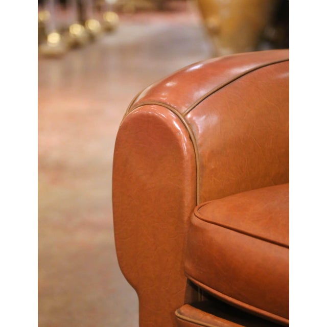 Art Deco Mid-Century French Art Deco Style Club Chair in Brown Bonded Leather For Sale - Image 3 of 8