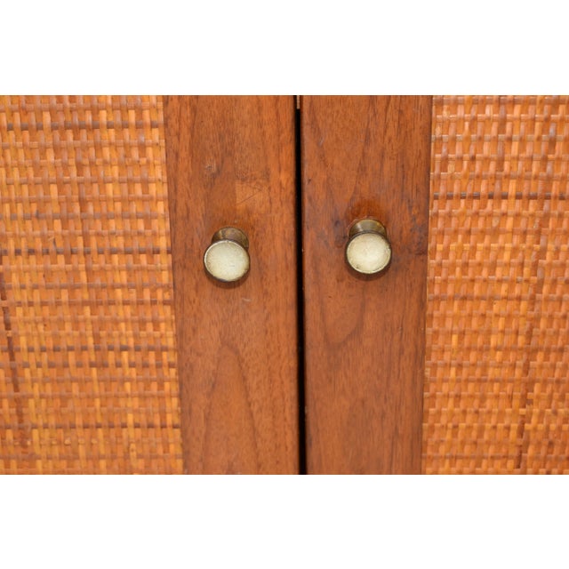 Brown 1950s Mid-Century Modern 2 Woven Cane Doors Wood Cabinet Brass Knobs American For Sale - Image 8 of 13