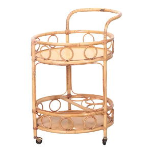 A French Two Tier Rattan Bar Cart on Wheels. Circa 1960