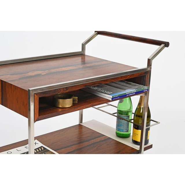 Serving Bar Cart with Drawers in Rosewood and Chrome by George Coslin, Italy, 1950s For Sale - Image 11 of 15