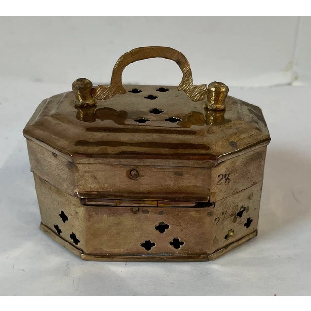 Metal Vintage Pierced Brass Hinged Trinket Box For Sale - Image 7 of 7