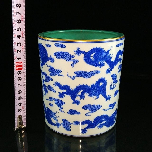 Vintage Blue & White Porcelain Dragon Brush Pot With Green Interior For Sale - Image 4 of 9