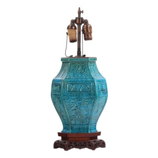 20th Century Chinese Fahua-Style Turquoise Glazed Hexagonal Vase, Mounted as Lamp For Sale