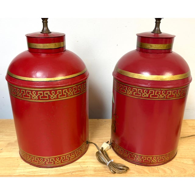 Pair English Chinoiserie Red Tole & Gilt Painted Tea Caddy Lamps, 20th Century For Sale - Image 14 of 14